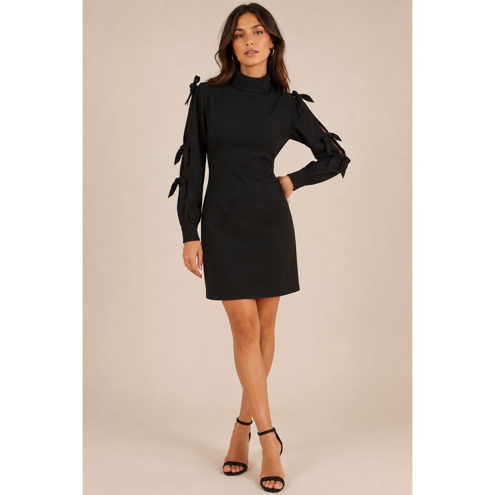 Alex Marie Women Sz 8 Black Mock Neck Tie Sleeve Sheath Dress Elegant Cocktail